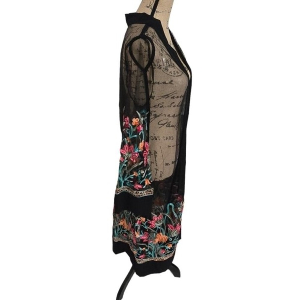 Embroidered Floral Kimono Duster Cardigan Open Front Lightweight‎ Sheer Black